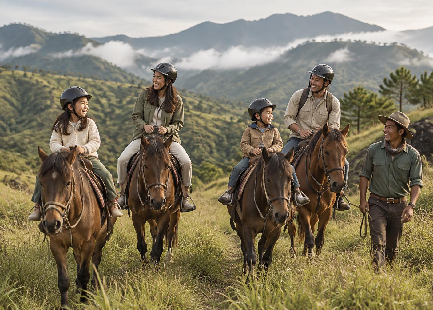 A family enjoying a guided horseback ride in the Philippine highlands
