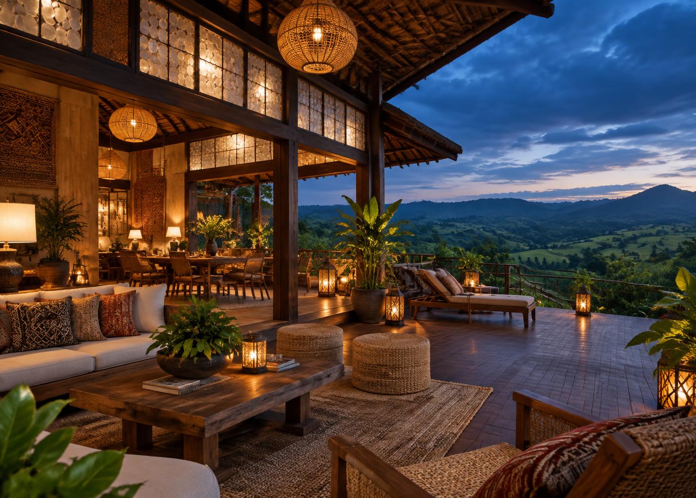 Open-air Alsua's Demo resort lodge overlooking the Philippine highlands at dusk