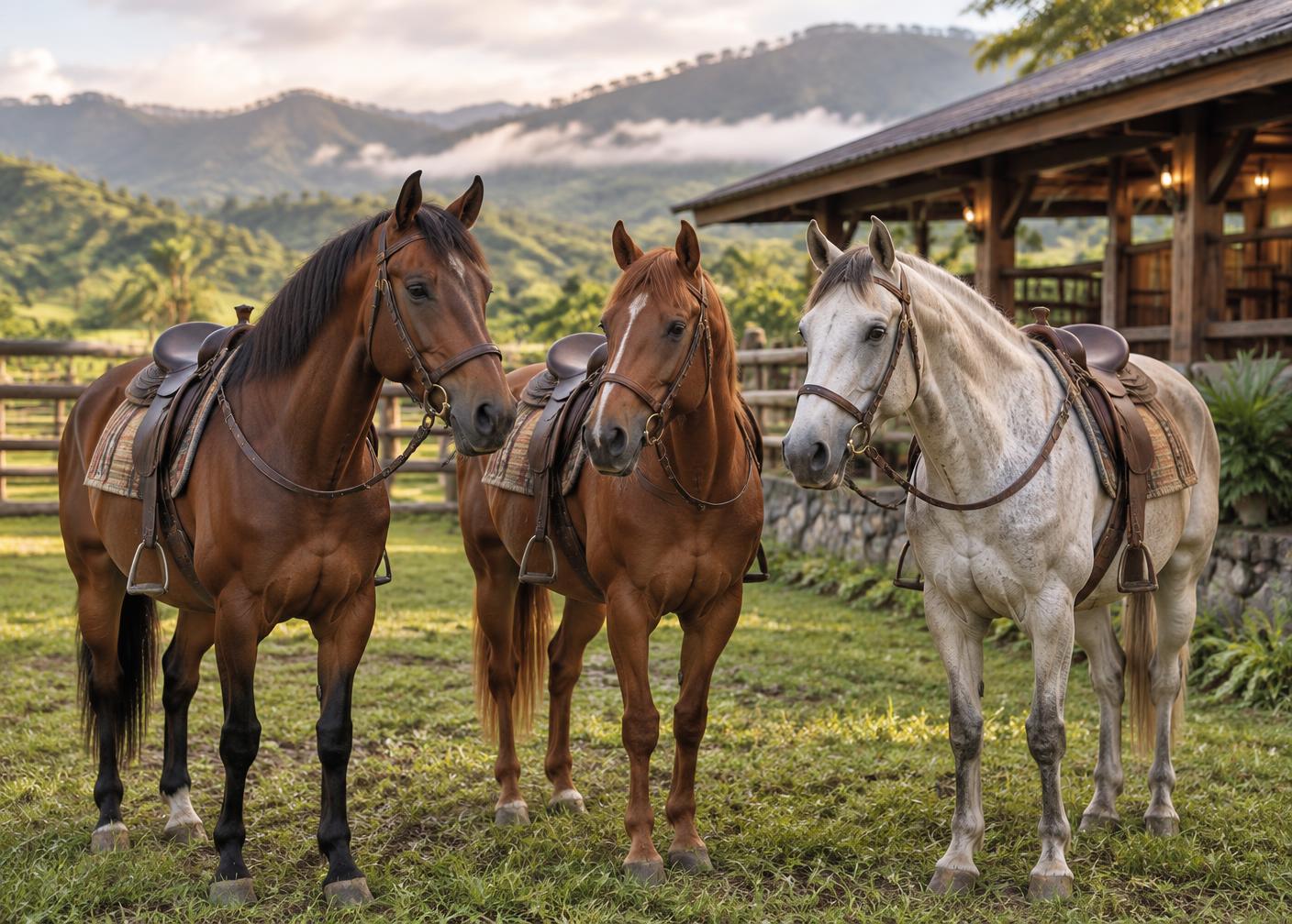 Three calm trail horses at Alsua's Demo highland paddock
