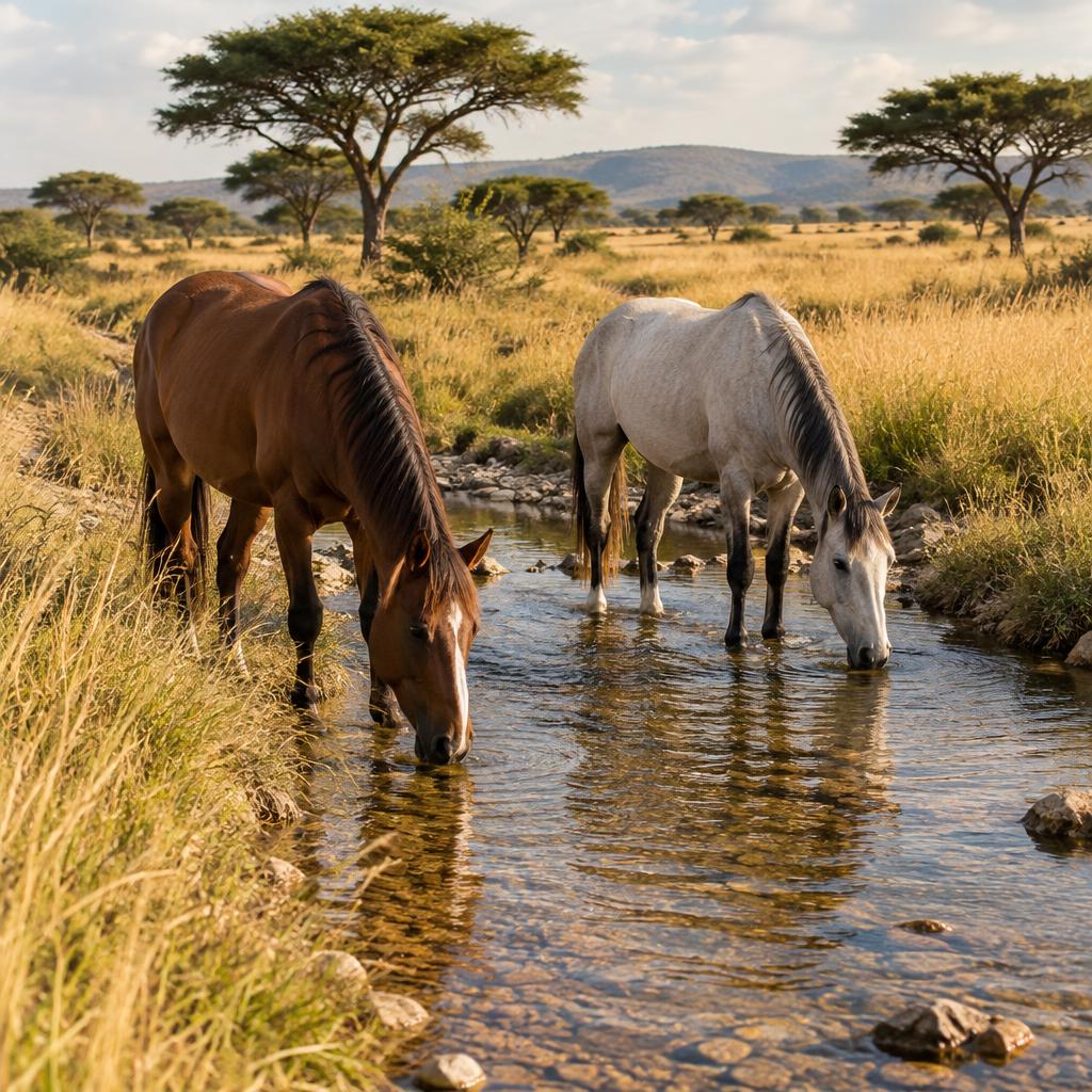 Horses resting beside a creek in open grassland